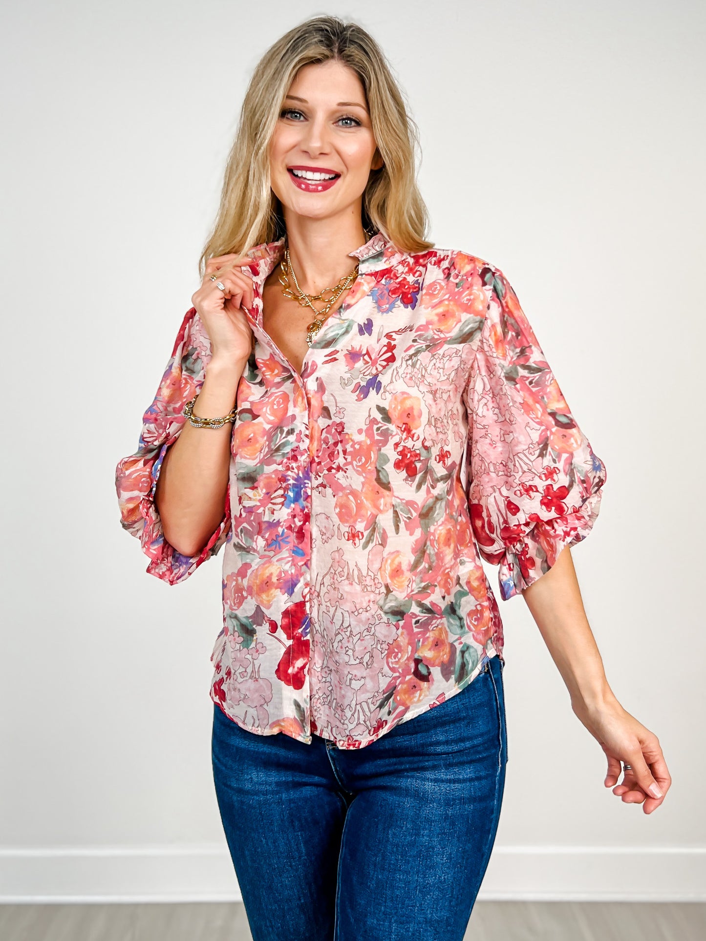 3/4 Length Sleeve Floral Print Button Down Top