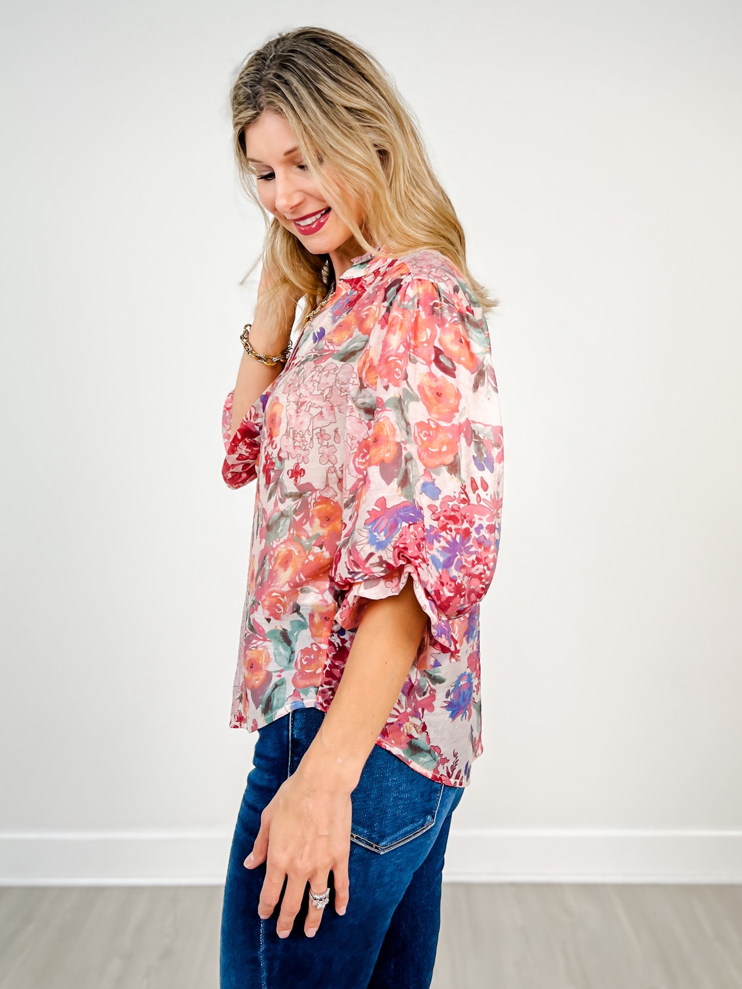 3/4 Length Sleeve Floral Print Button Down Top