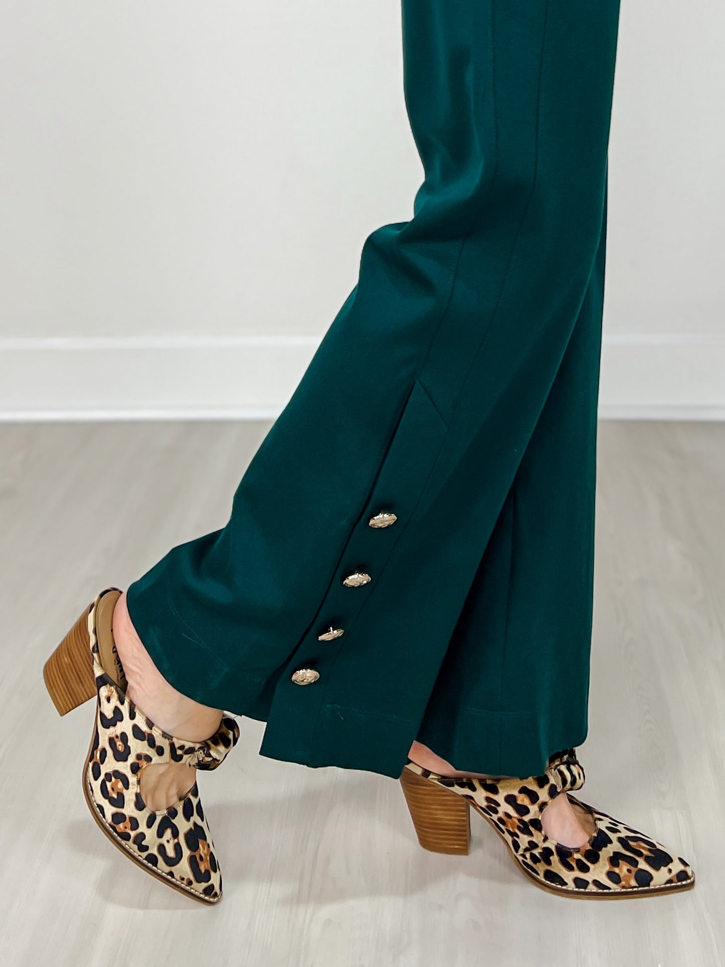 Gold Button Hem Gala Pants with Side Pockets in Hunter Green