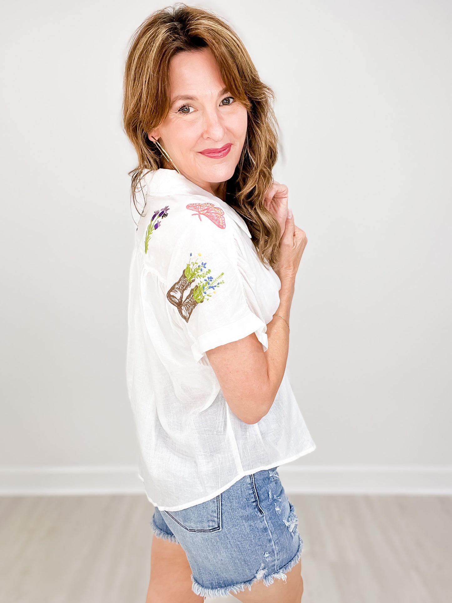 Cotton Voile Embroidered Dolman Sleeve Shirt