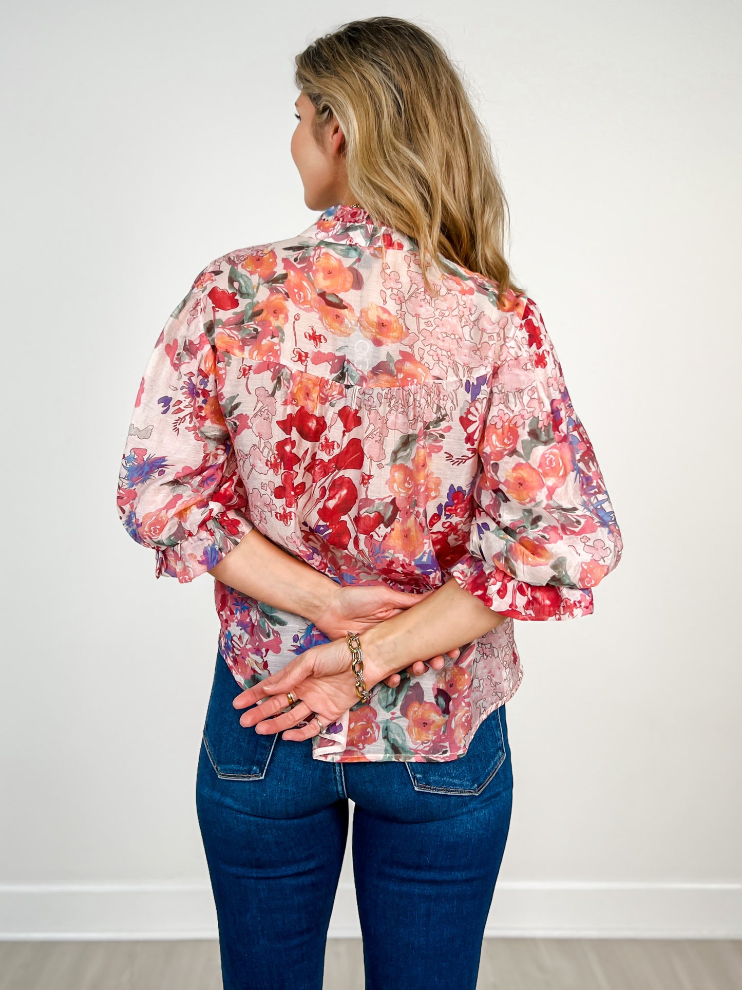 3/4 Length Sleeve Floral Print Button Down Top