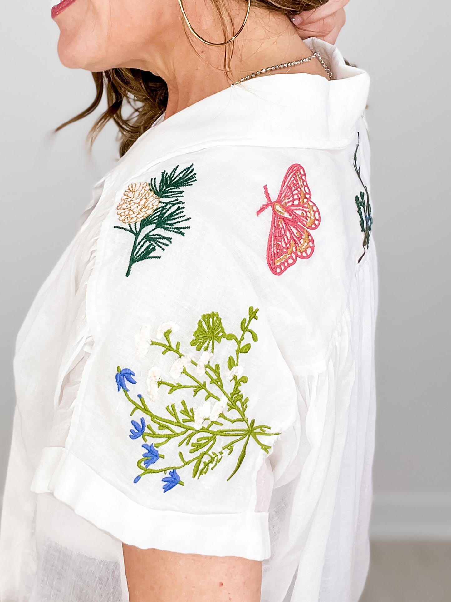 Cotton Voile Embroidered Dolman Sleeve Shirt