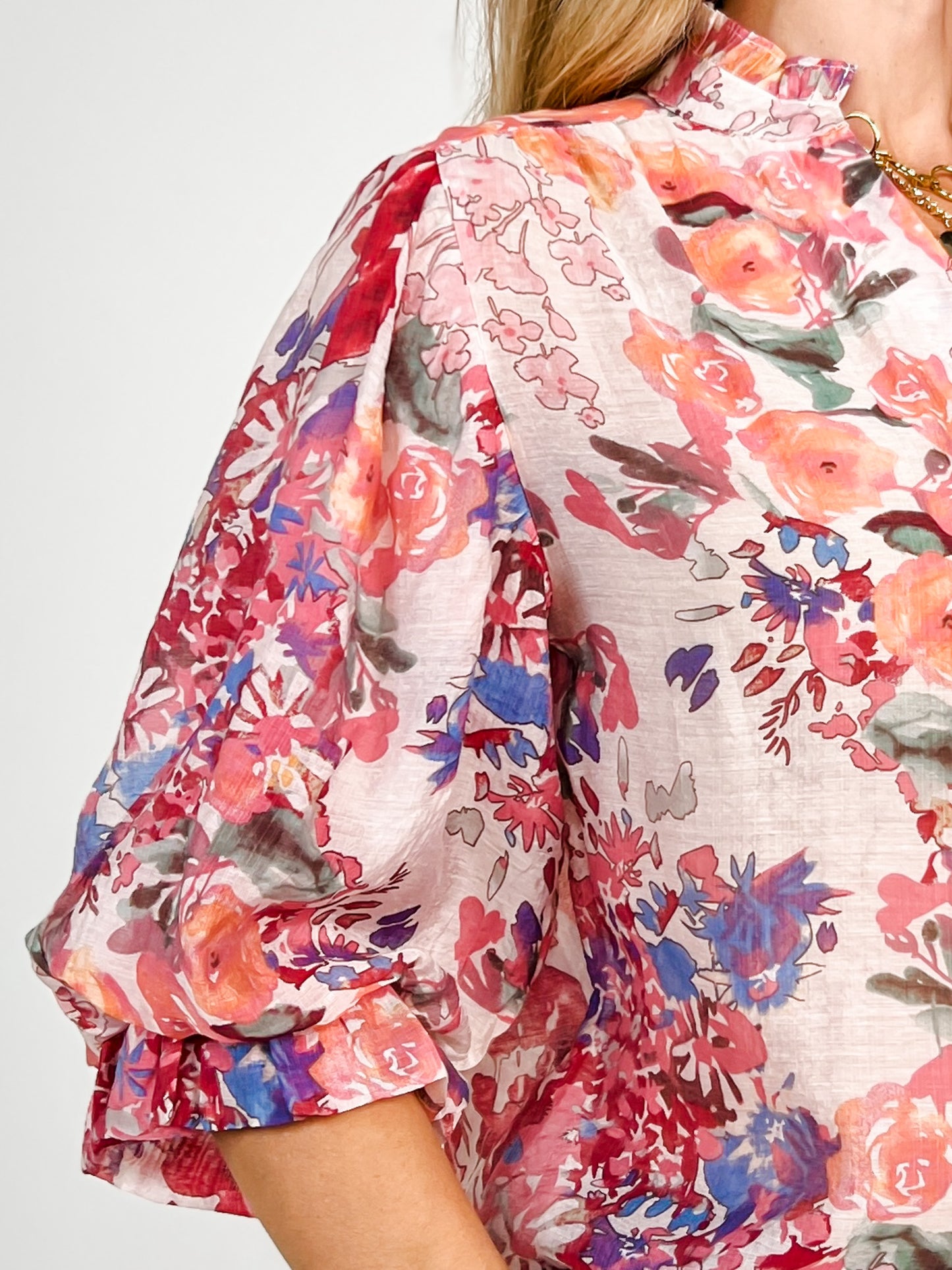 3/4 Length Sleeve Floral Print Button Down Top