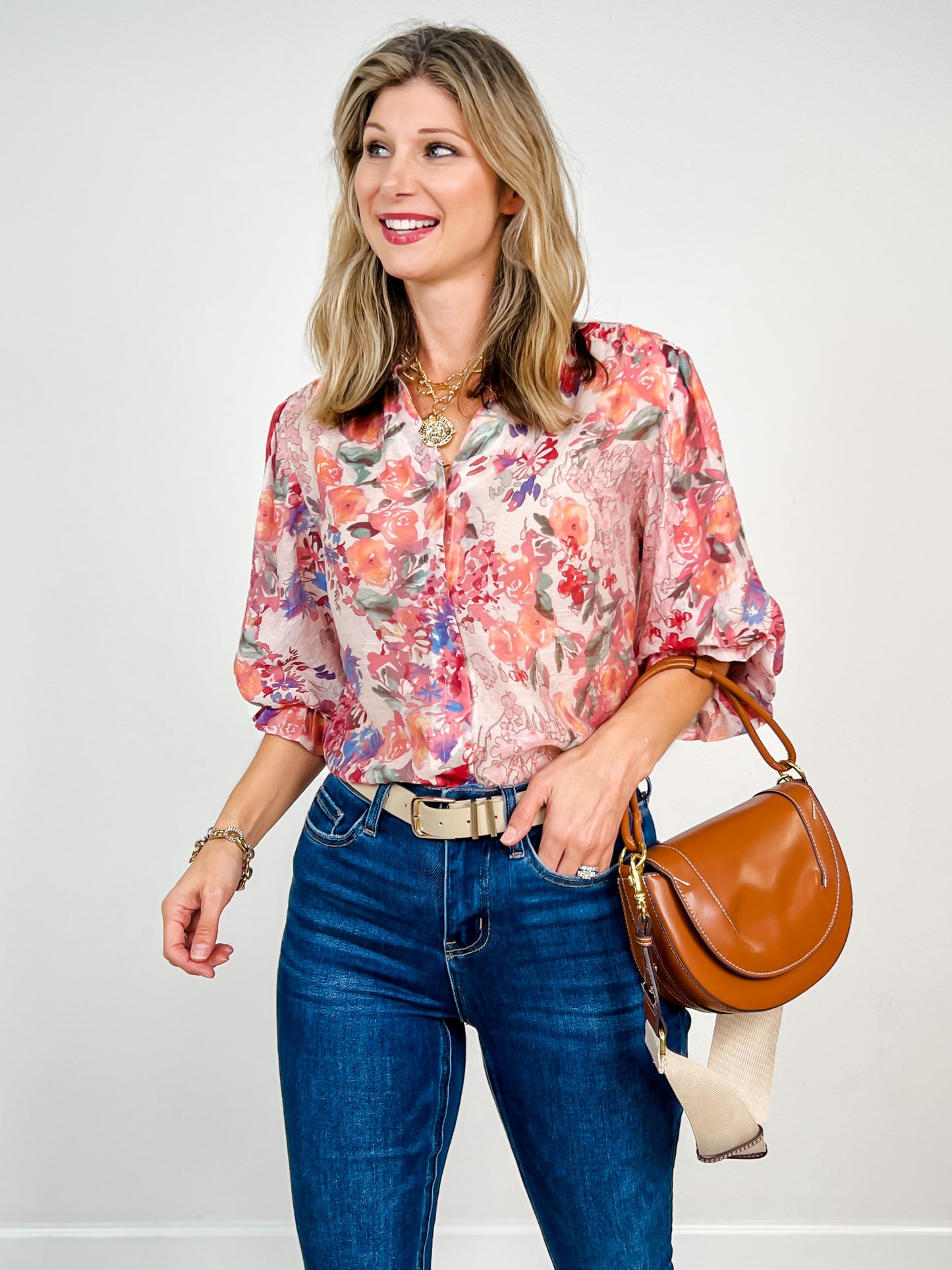 3/4 Length Sleeve Floral Print Button Down Top