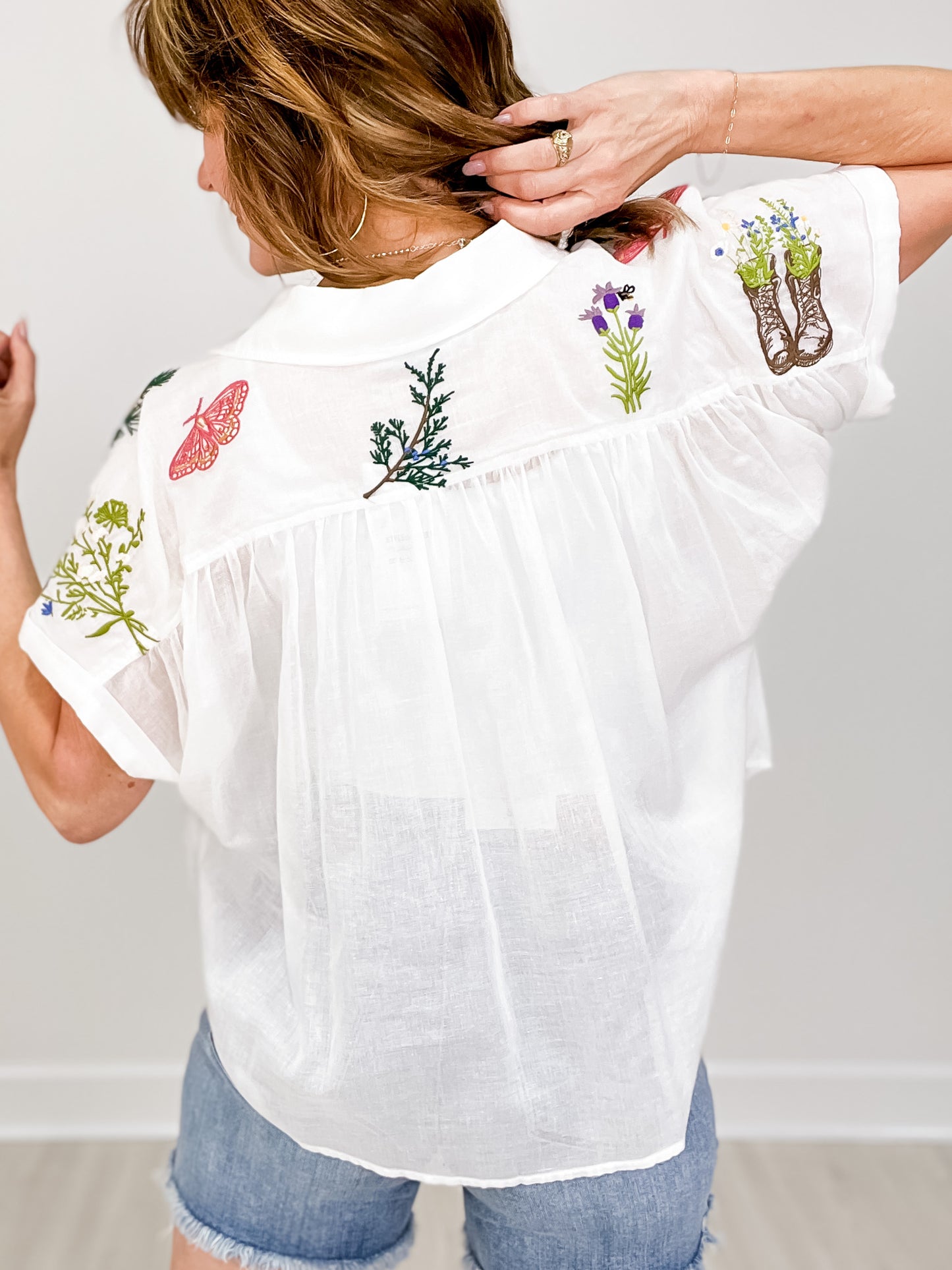 Cotton Voile Embroidered Dolman Sleeve Shirt