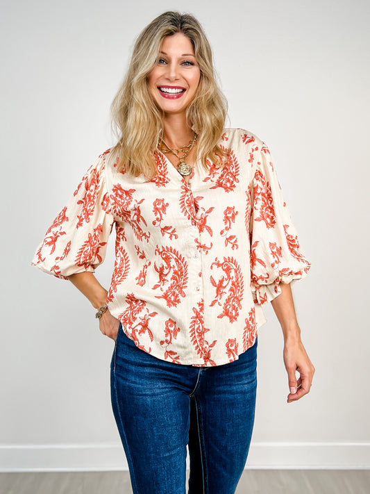 Button Down Top with 3/4 Length Balloon Sleeves