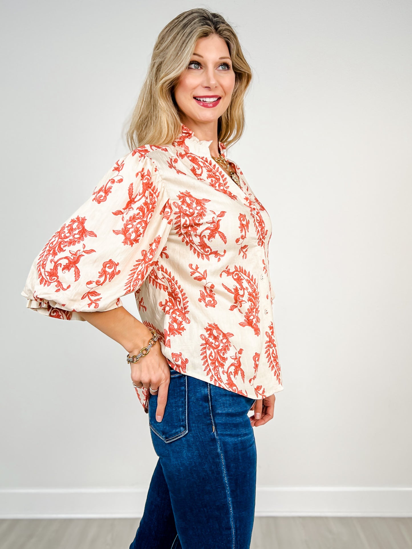 Button Down Top with 3/4 Length Balloon Sleeves