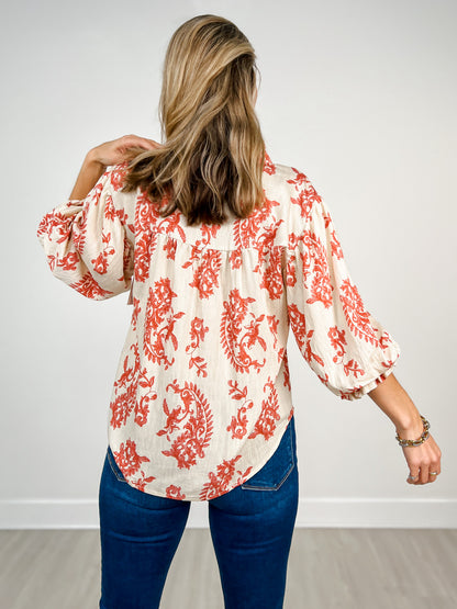 Button Down Top with 3/4 Length Balloon Sleeves