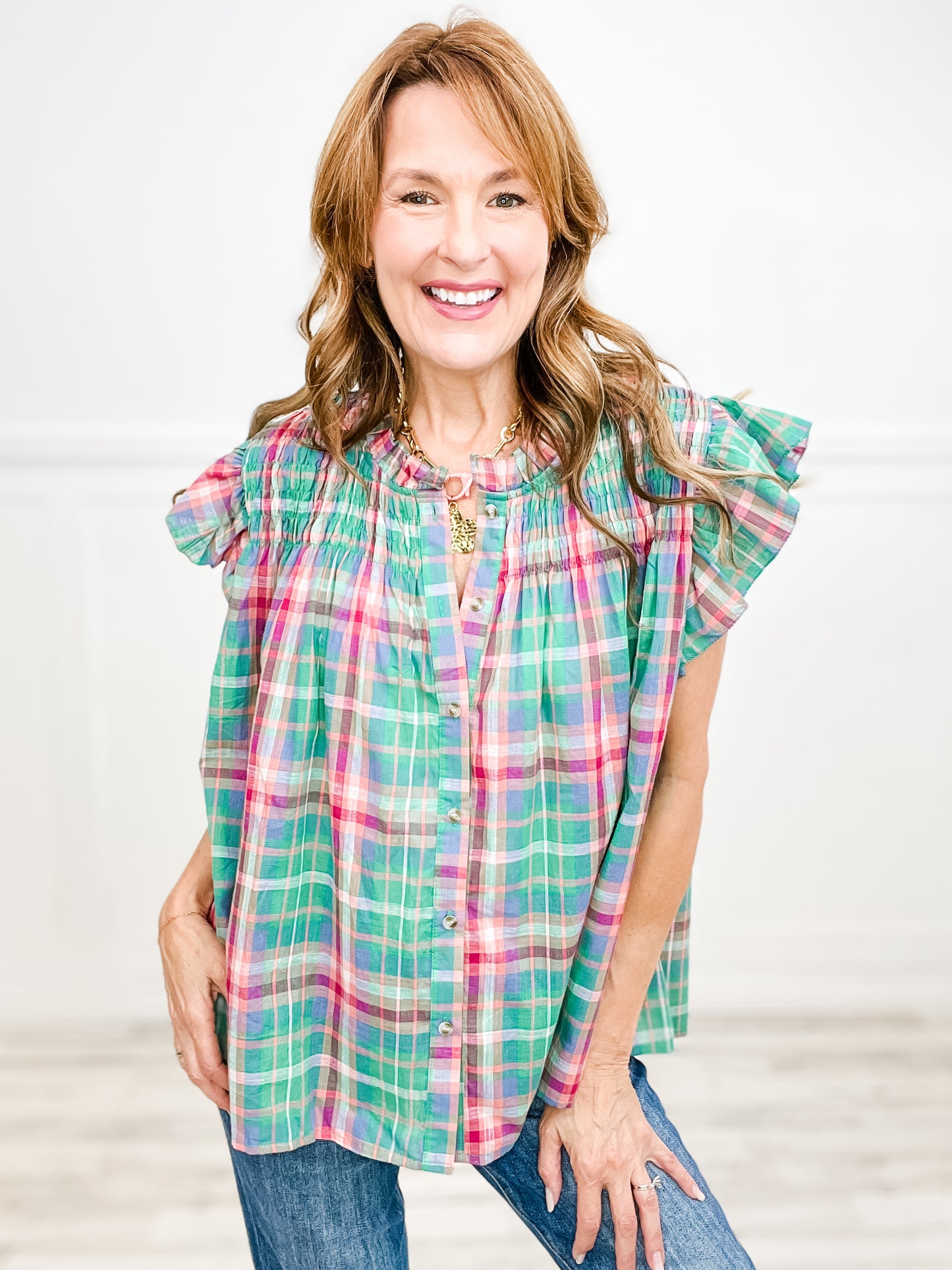 Stuck In The Middle With You Multi Color Plaid Flutter Top