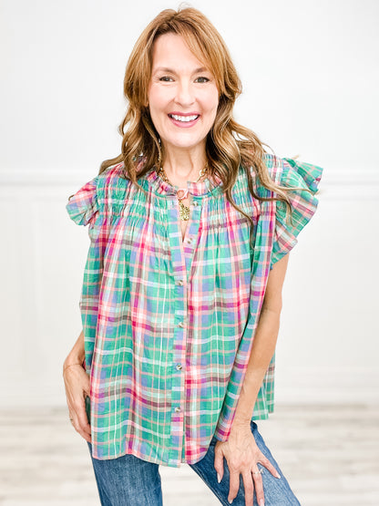Stuck In The Middle With You Multi Color Plaid Flutter Top
