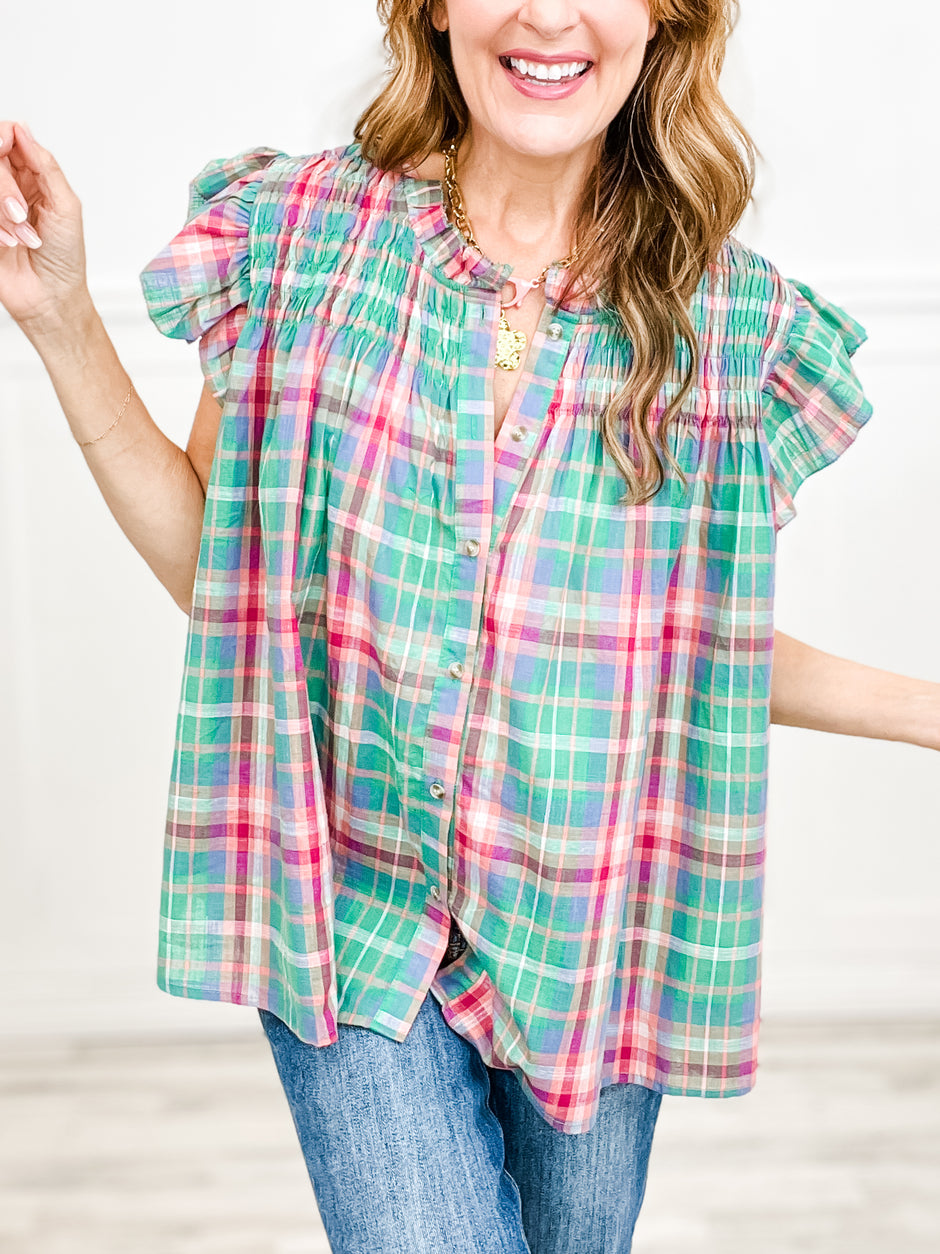 Stuck In The Middle With You Multi Color Plaid Flutter Top