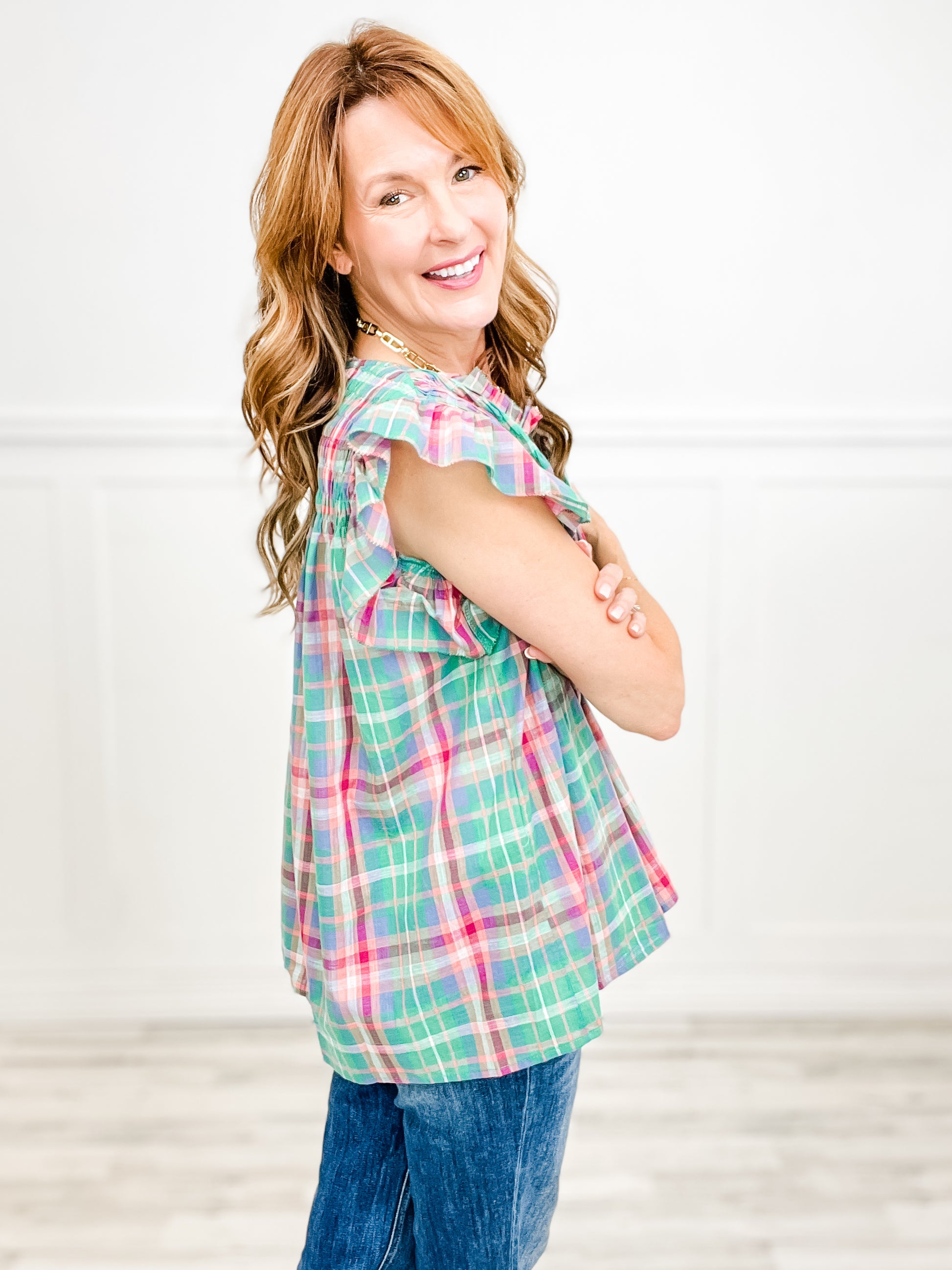 Stuck In The Middle With You Multi Color Plaid Flutter Top