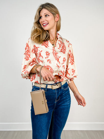 Button Down Top with 3/4 Length Balloon Sleeves