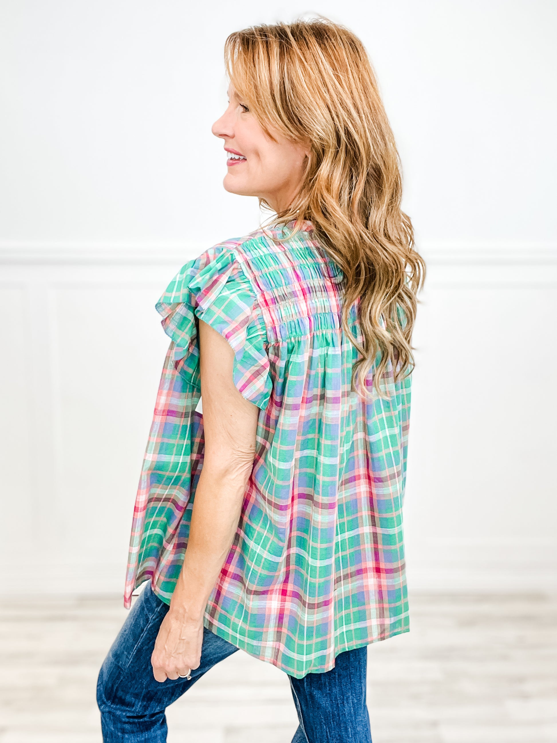 Stuck In The Middle With You Multi Color Plaid Flutter Top
