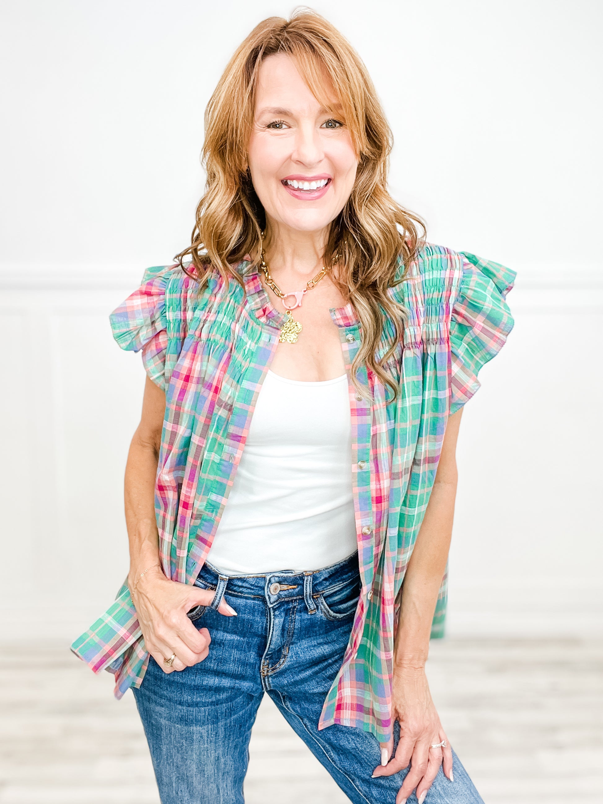 Stuck In The Middle With You Multi Color Plaid Flutter Top