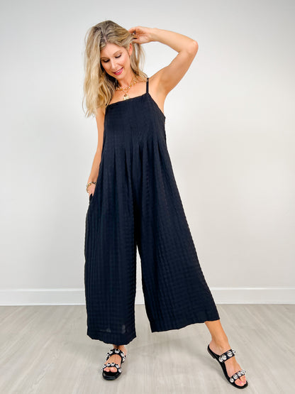 Textured Woven Sleeveless Jumpsuit with Pleat Details