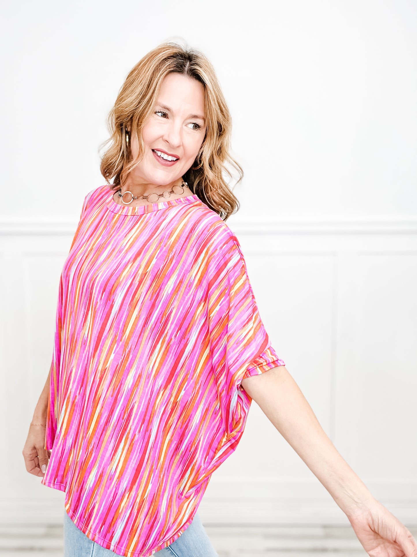 Brush Strokes Short Sleeve Tunic Top with Hi-Lo Hem