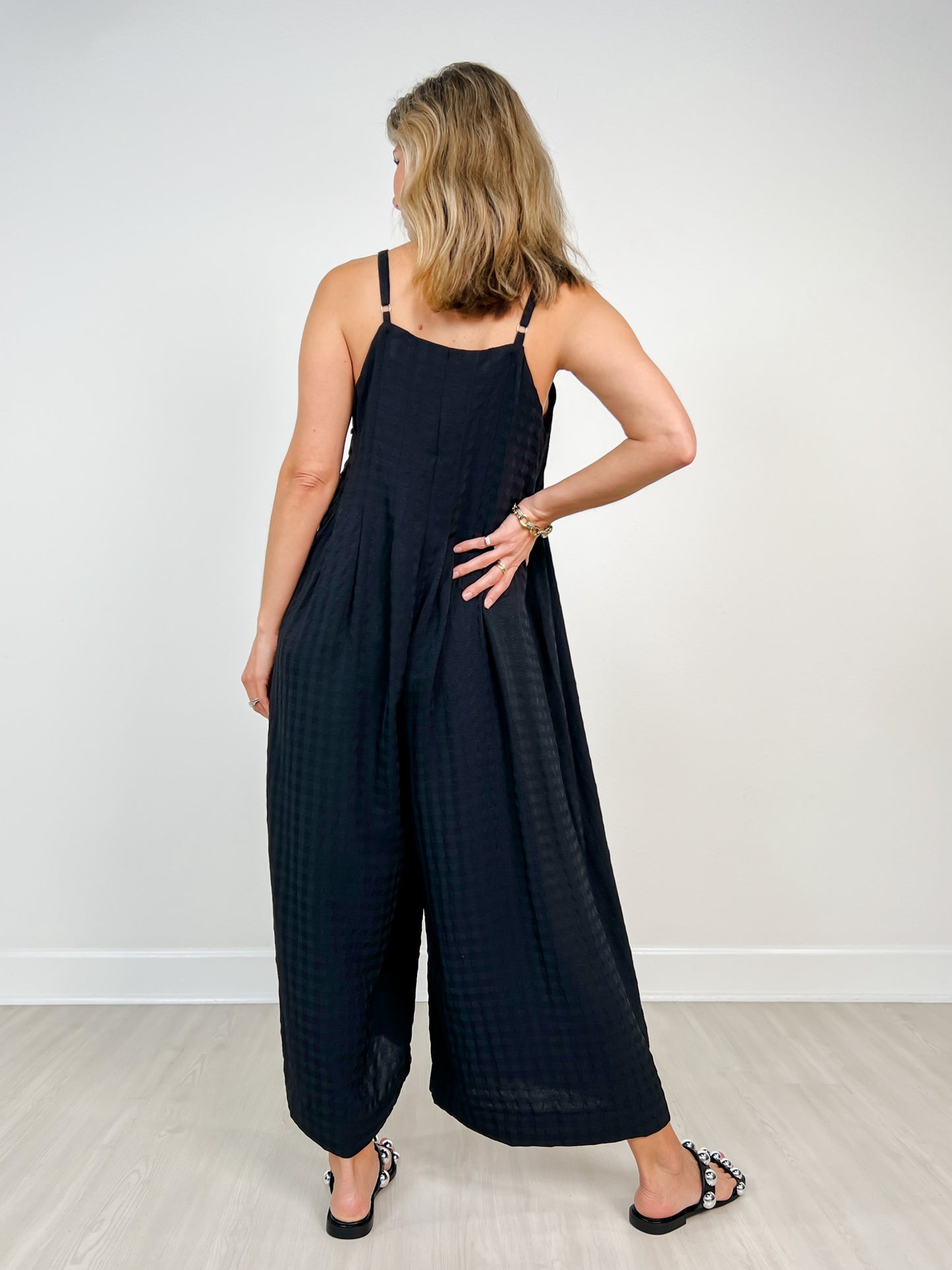 Textured Woven Sleeveless Jumpsuit with Pleat Details