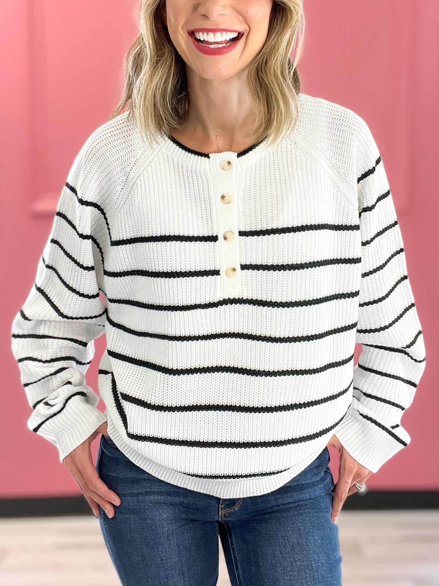 Button Striped Knit Sweater