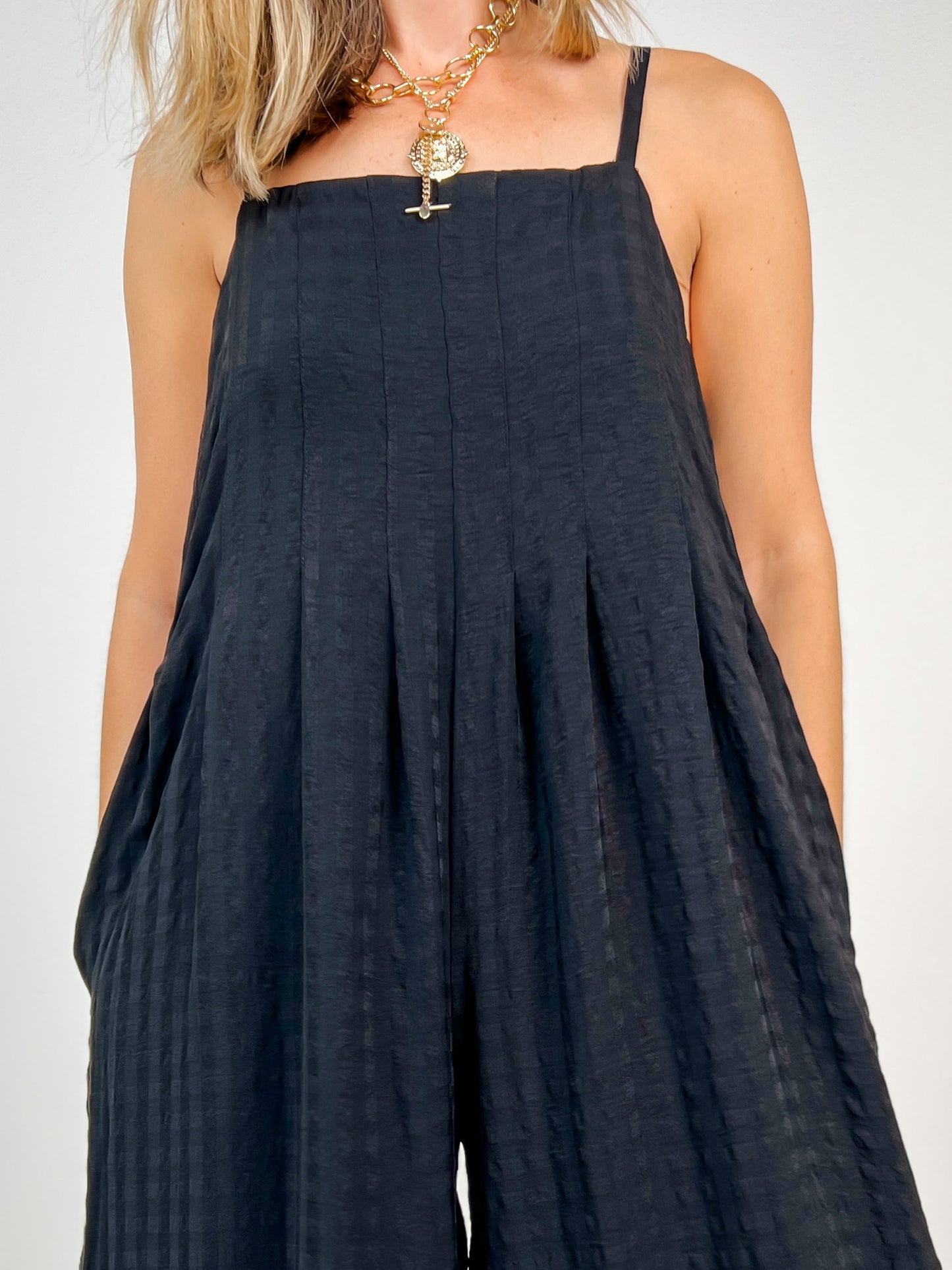 Textured Woven Sleeveless Jumpsuit with Pleat Details