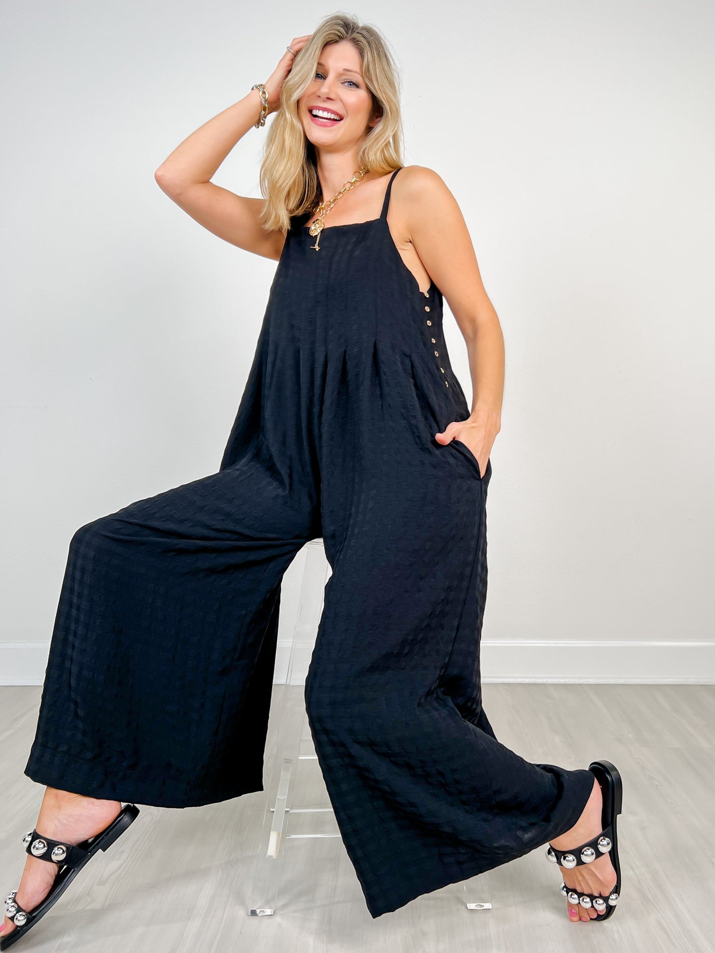 Textured Woven Sleeveless Jumpsuit with Pleat Details