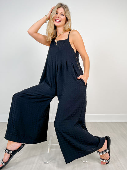 Textured Woven Sleeveless Jumpsuit with Pleat Details