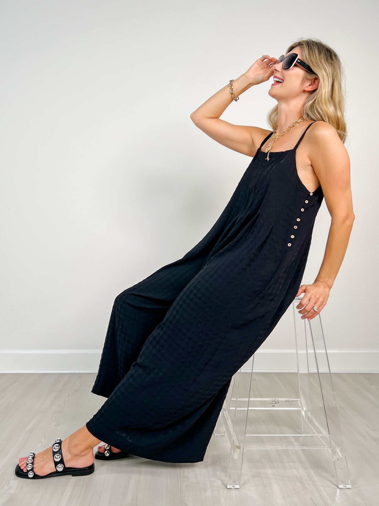 Textured Woven Sleeveless Jumpsuit with Pleat Details