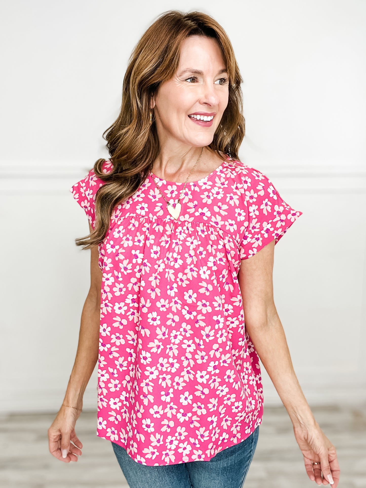 Floral Print Top with Round Neckline and Dolman Sleeves