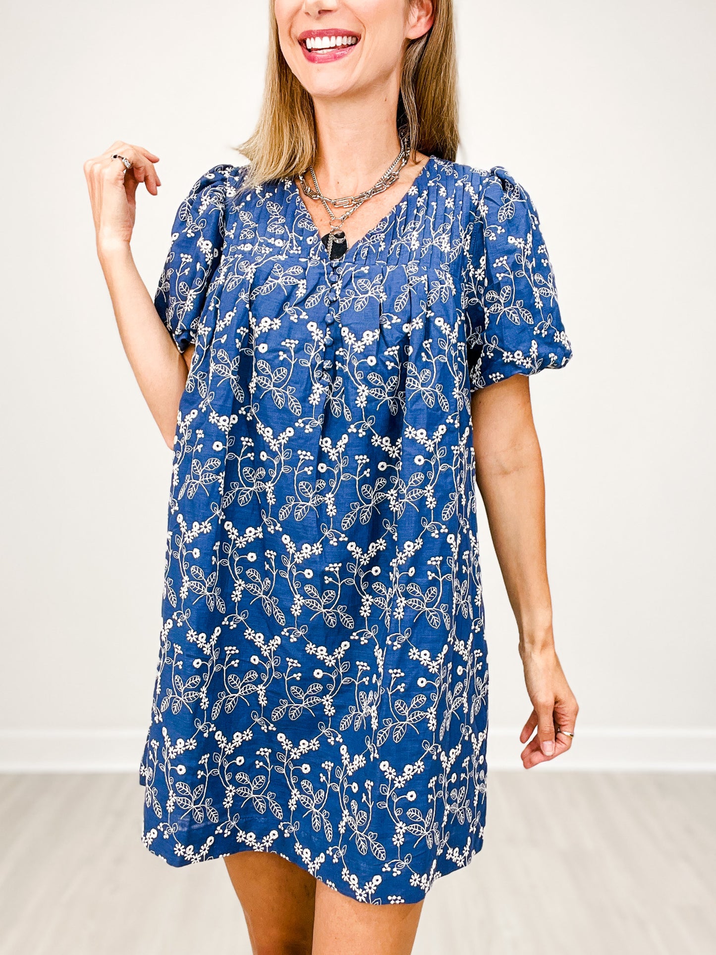 Daisy Days Embroidered Puff Sleeve Mini Dress