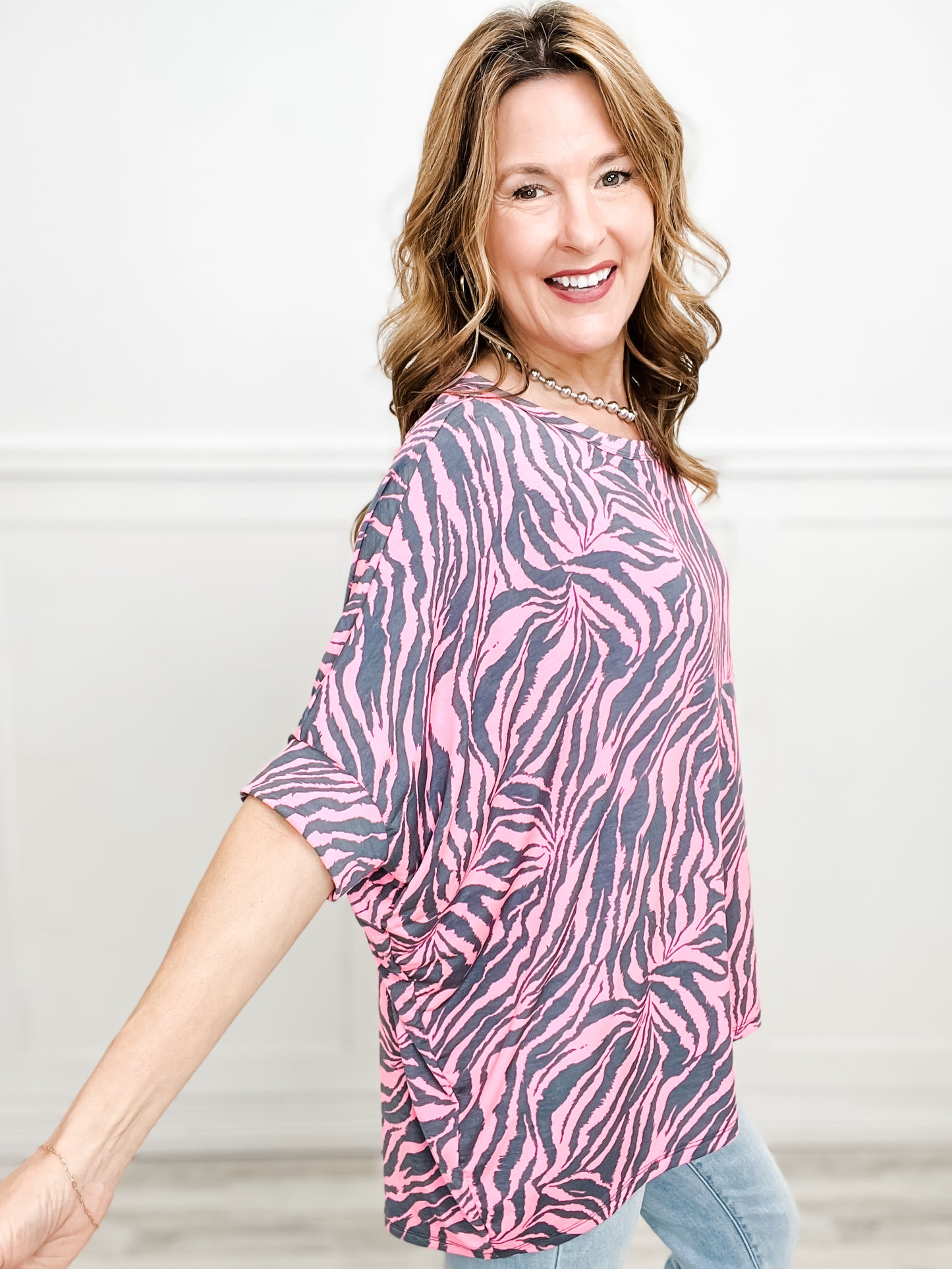 Blurred Lines Short Sleeve Tunic Top with Hi-Lo Hem