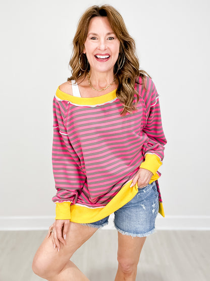 Long Sleeve Striped Knit Top with Side Slits and Hi-Lo Hem