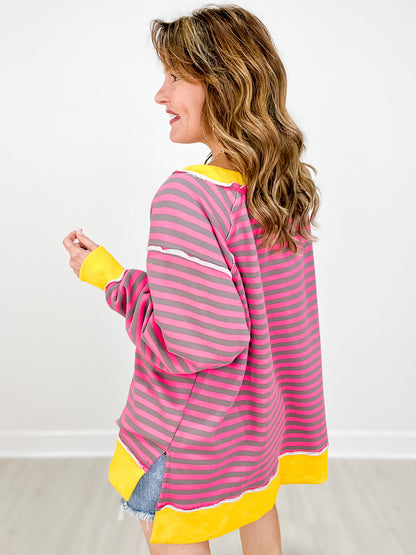 Long Sleeve Striped Knit Top with Side Slits and Hi-Lo Hem