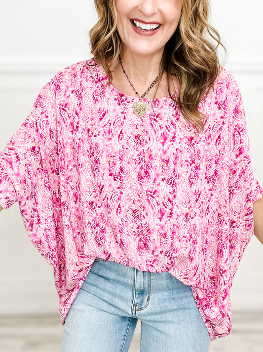 Dreaming in Fuchsia Short Sleeve Tunic Top with Hi-Lo Hem