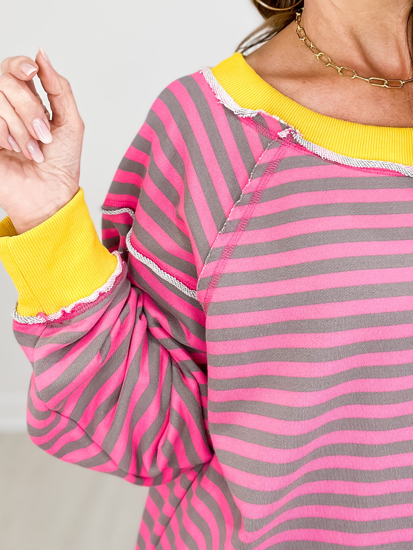 Long Sleeve Striped Knit Top with Side Slits and Hi-Lo Hem