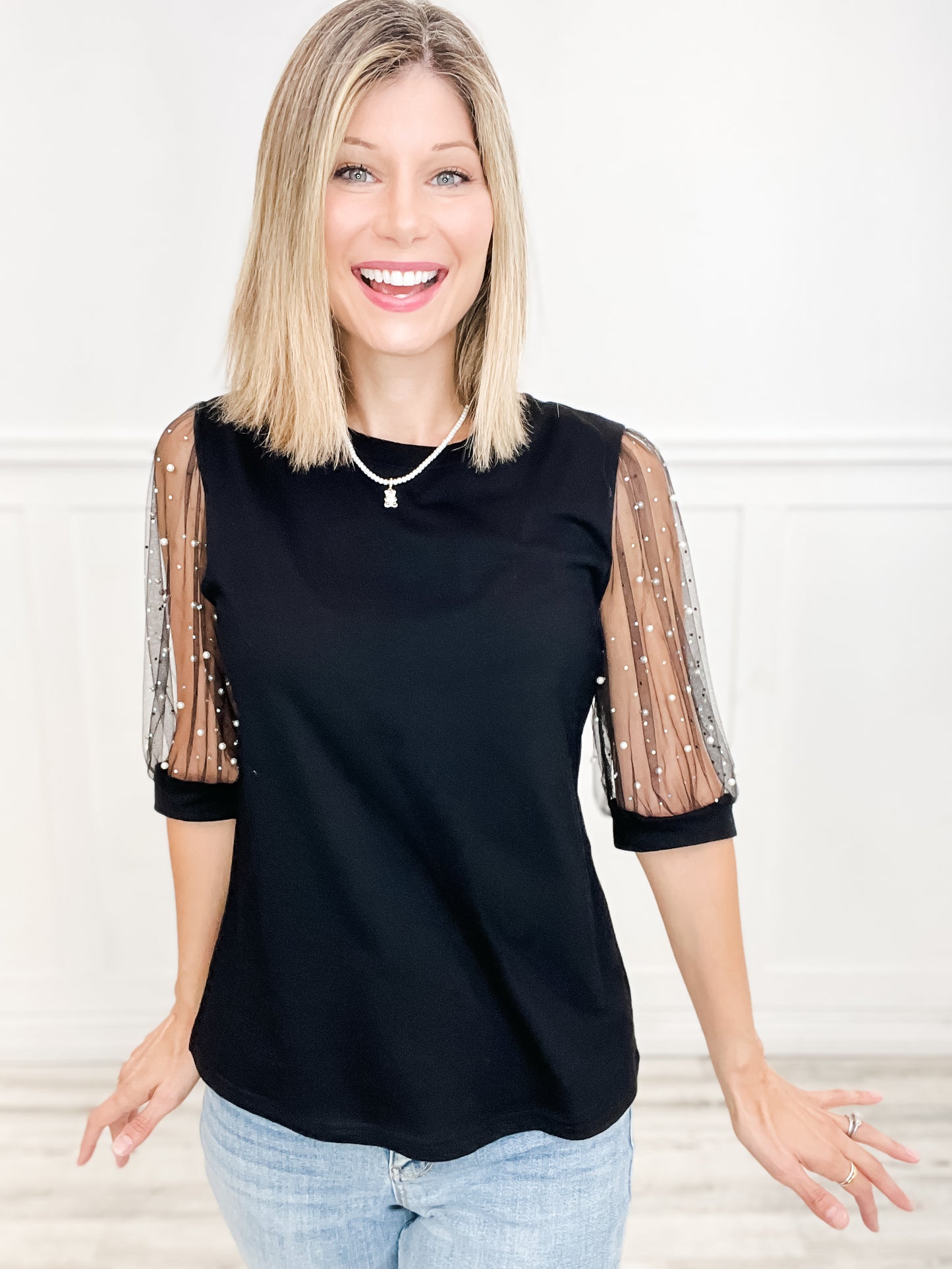 Pearl Accent Mesh Sleeve Top with Rounded Neckline