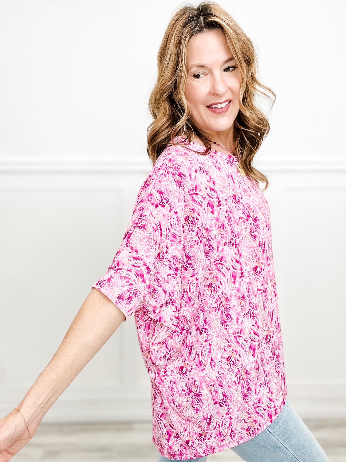 Dreaming in Fuchsia Short Sleeve Tunic Top with Hi-Lo Hem