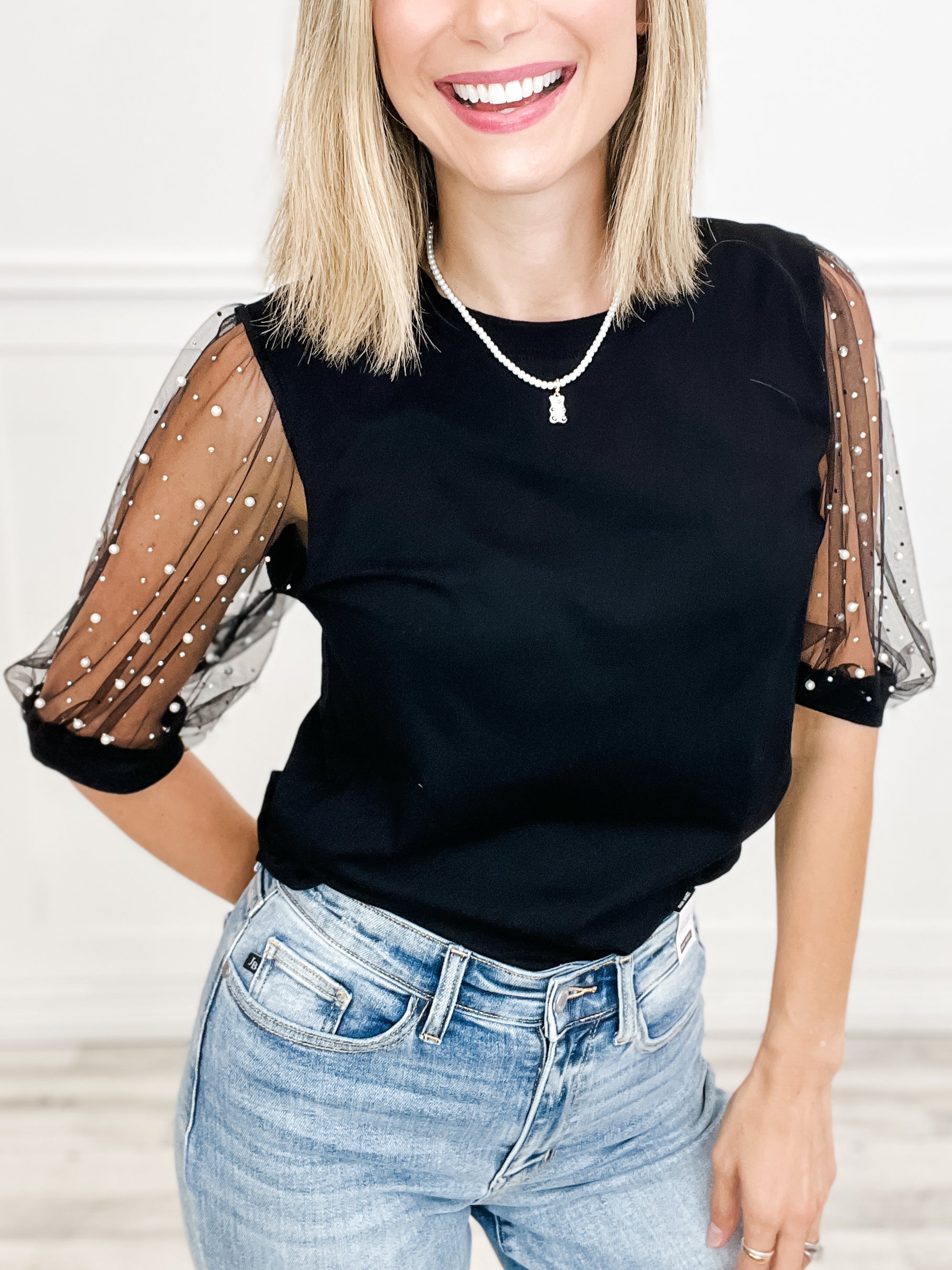 Pearl Accent Mesh Sleeve Top with Rounded Neckline