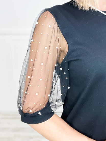 Pearl Accent Mesh Sleeve Top with Rounded Neckline