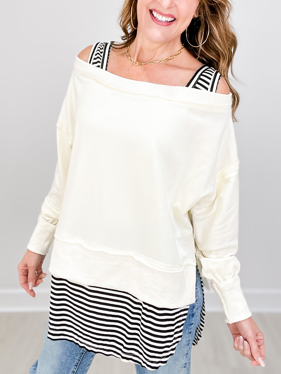 Long Sleeve Solid Knit Top with Striped Underlay