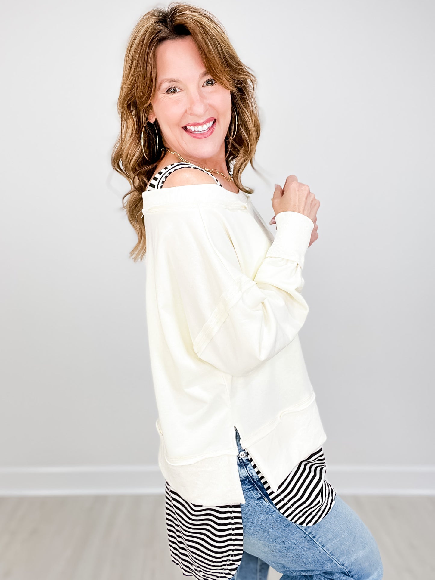 Long Sleeve Solid Knit Top with Striped Underlay