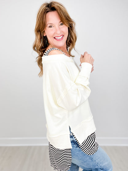 Long Sleeve Solid Knit Top with Striped Underlay