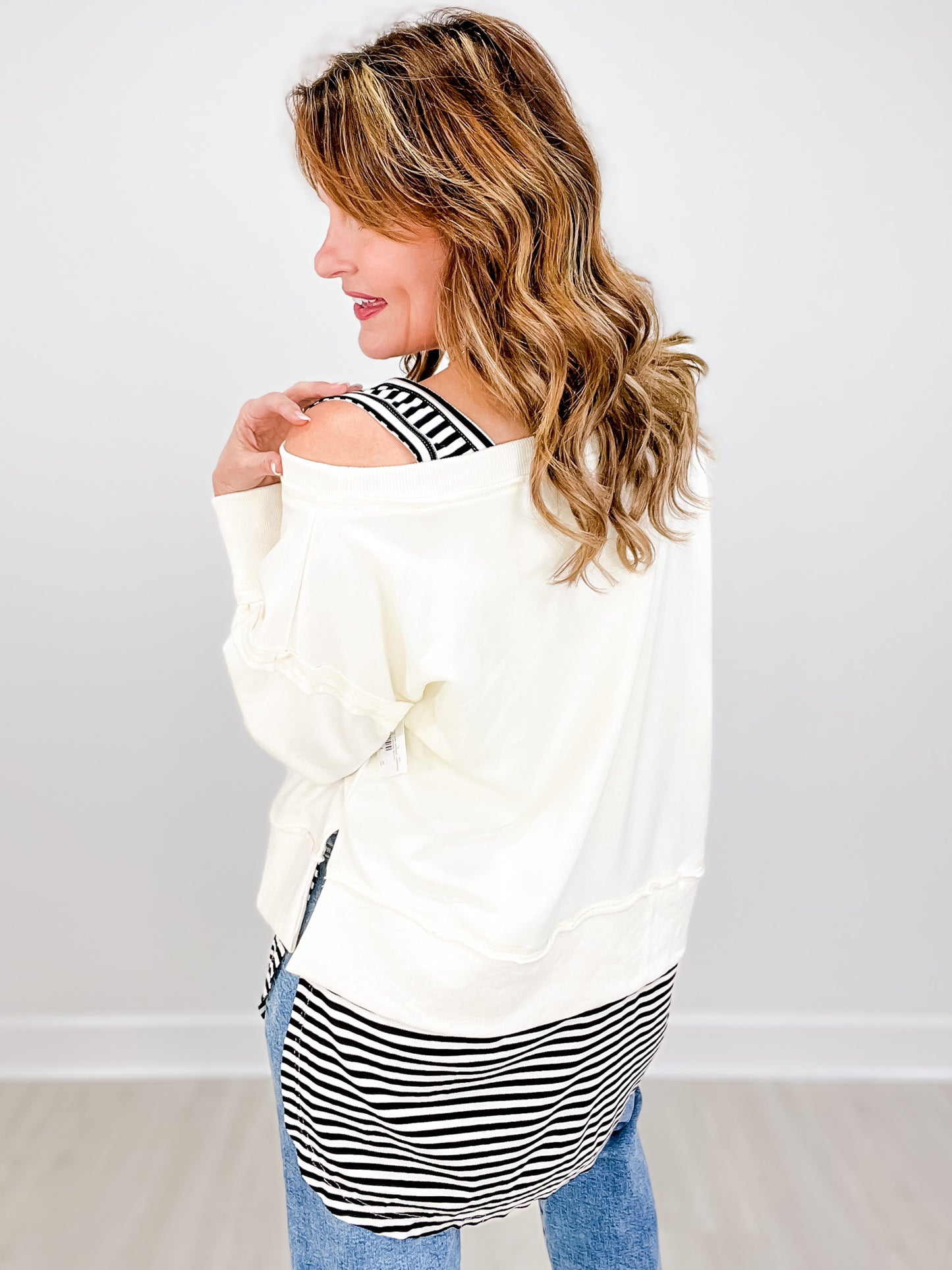 Long Sleeve Solid Knit Top with Striped Underlay
