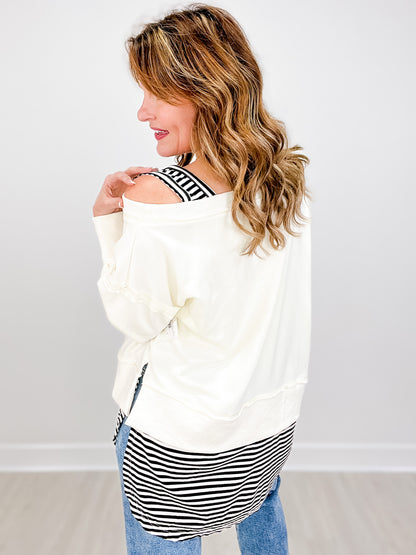 Long Sleeve Solid Knit Top with Striped Underlay