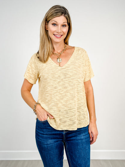 Short Sleeve Slub Low Gauge V-Neck Raglan Top