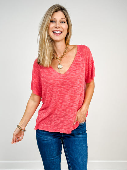 Short Sleeve Slub Low Gauge V-Neck Raglan Top