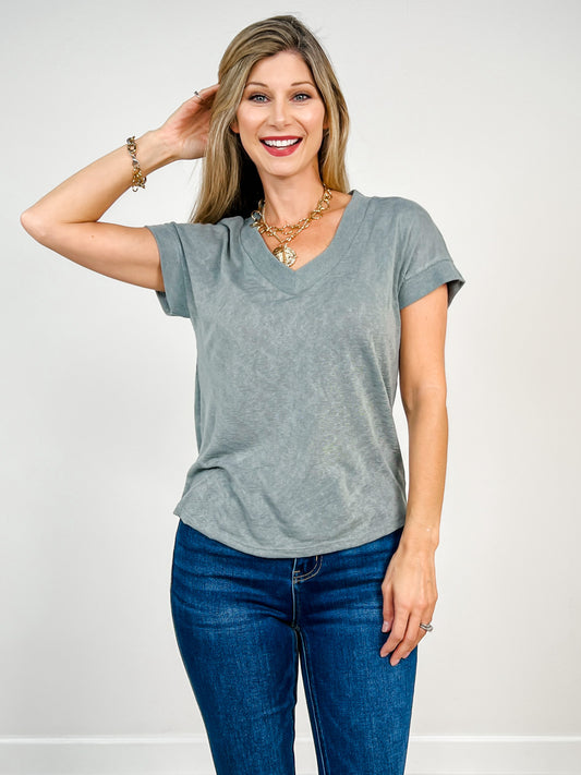 Hacci Slub V-Neck Drop Shoulder Top