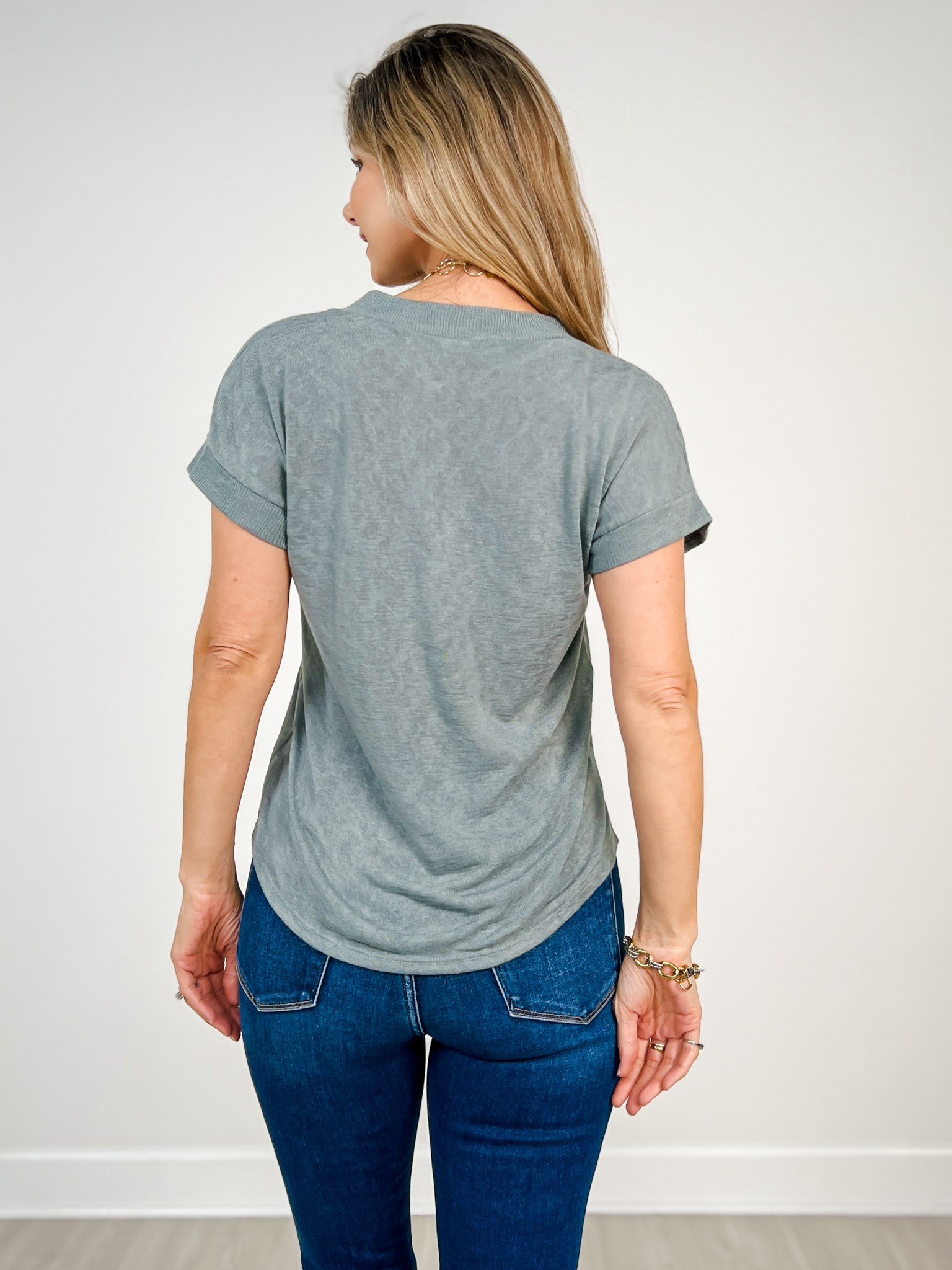 Hacci Slub V-Neck Drop Shoulder Top