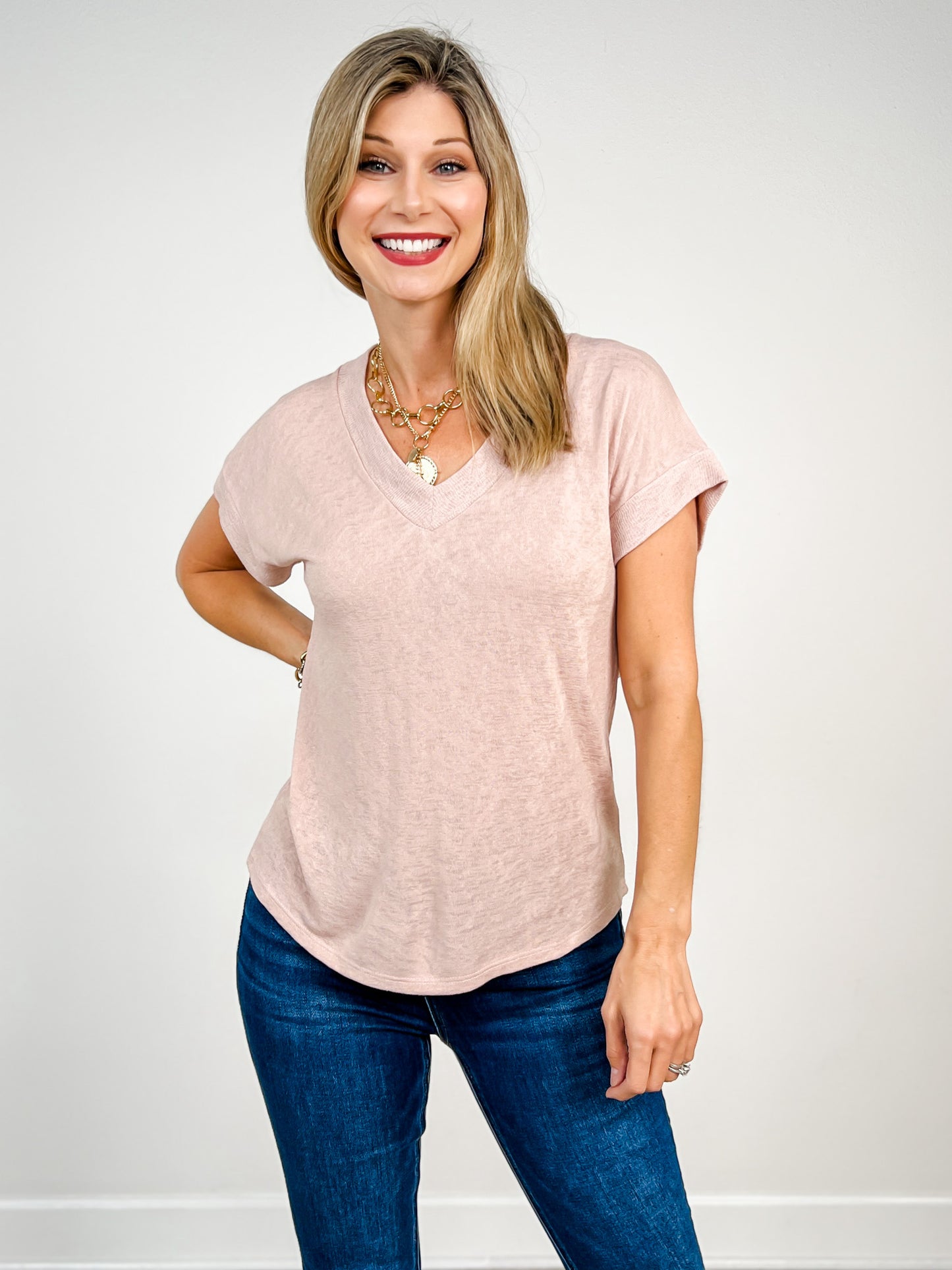Hacci Slub V-Neck Drop Shoulder Top