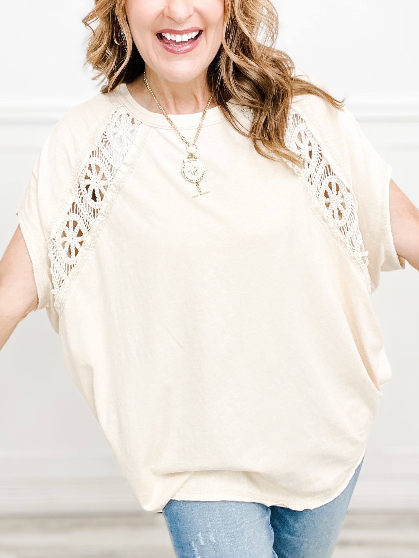 Breezy Mineral Washed Solid Short Sleeve Lace Top