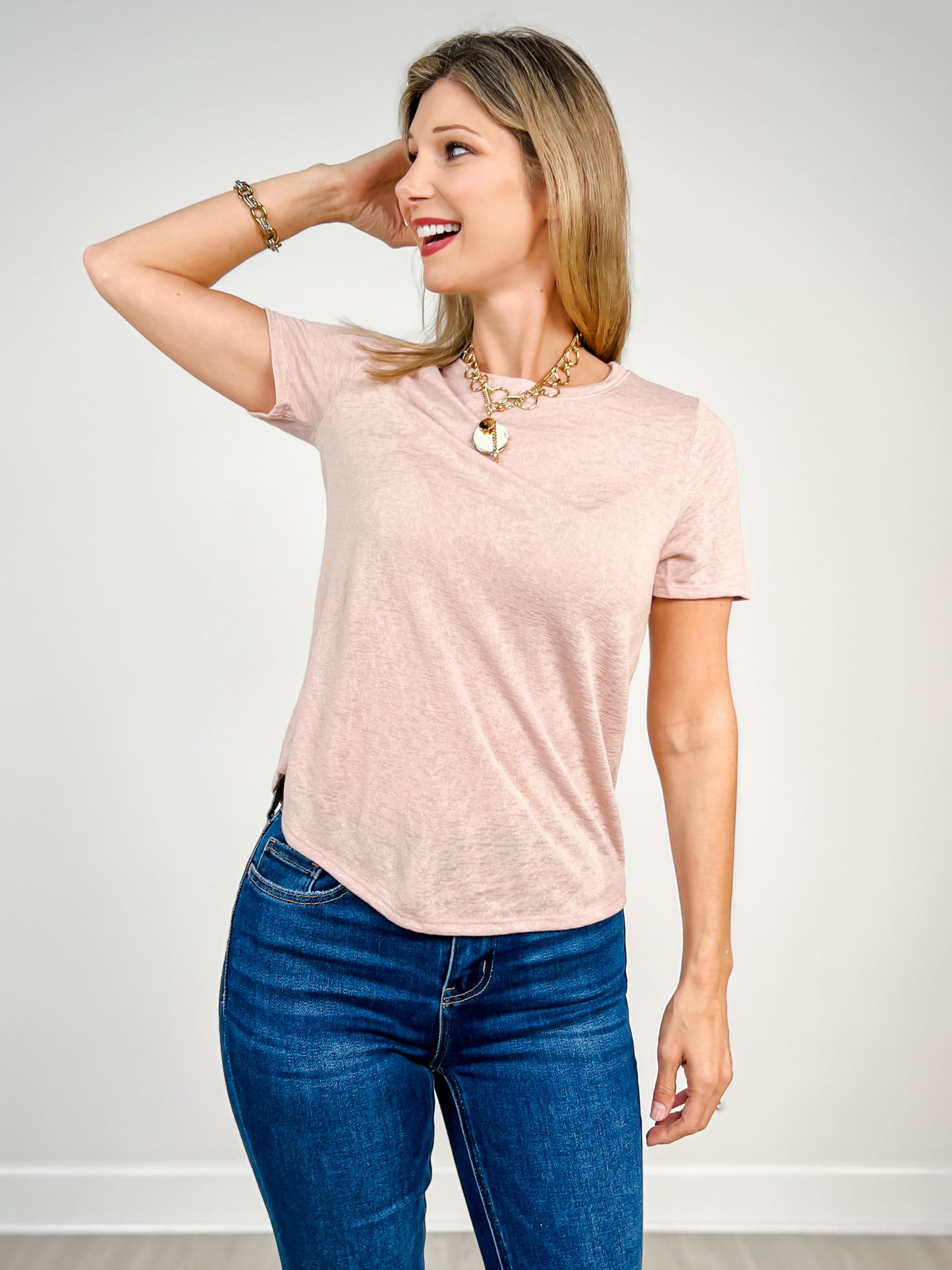 Short Sleeve Hacci Slub Crew Neck Top